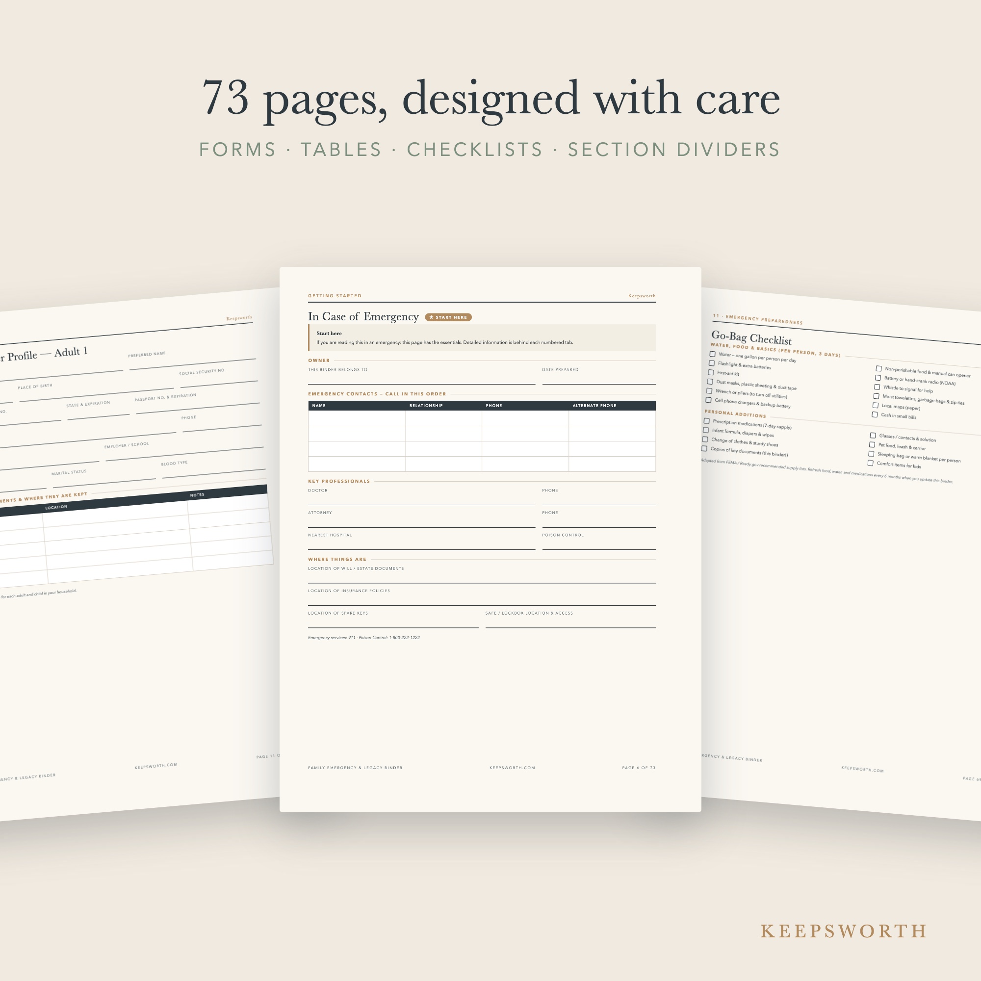 Family Emergency & Legacy Binder — page collage