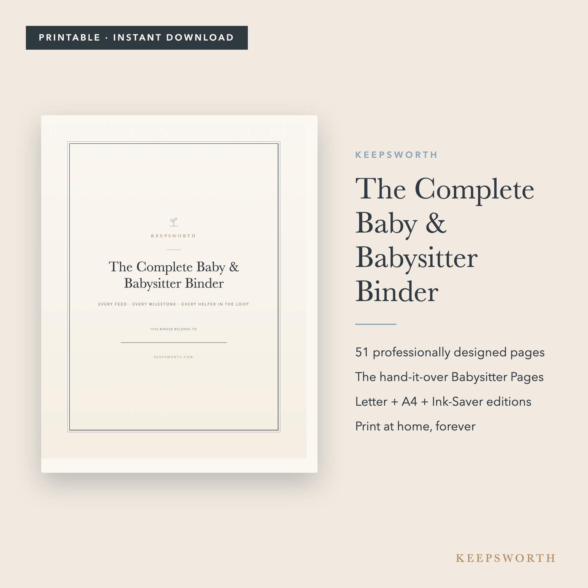 Baby & Babysitter Binder — printed pages on cream linen
