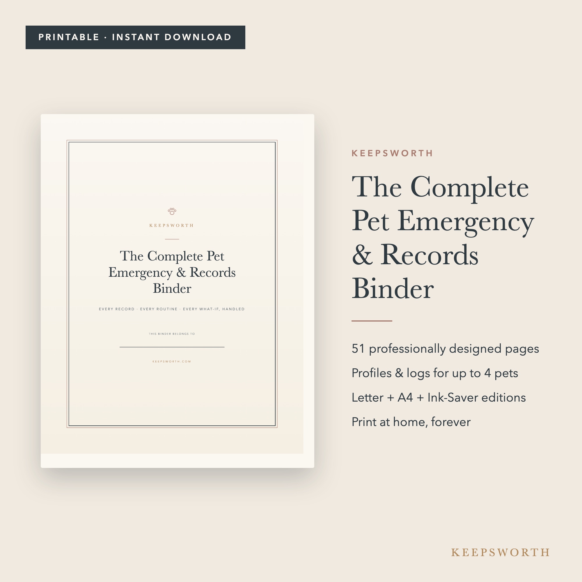 Pet Emergency & Records Binder — printed pages on cream linen