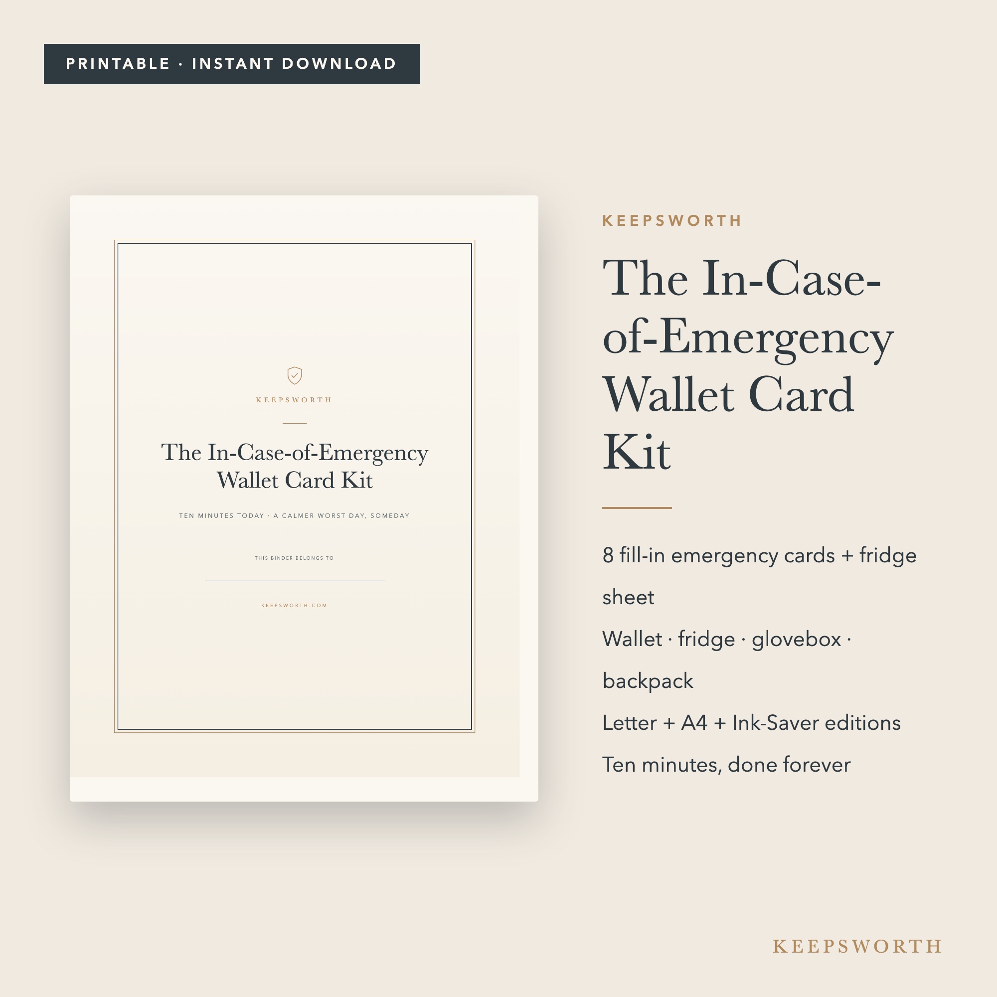 ICE Wallet Card Kit — printed emergency cards on cream linen