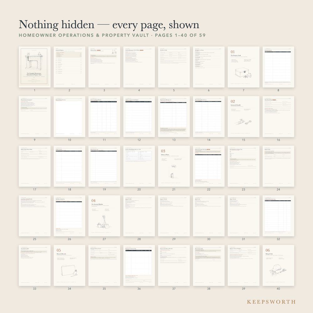Homeowner Operations & Property Vault: contact sheet, every page shown (part 1)