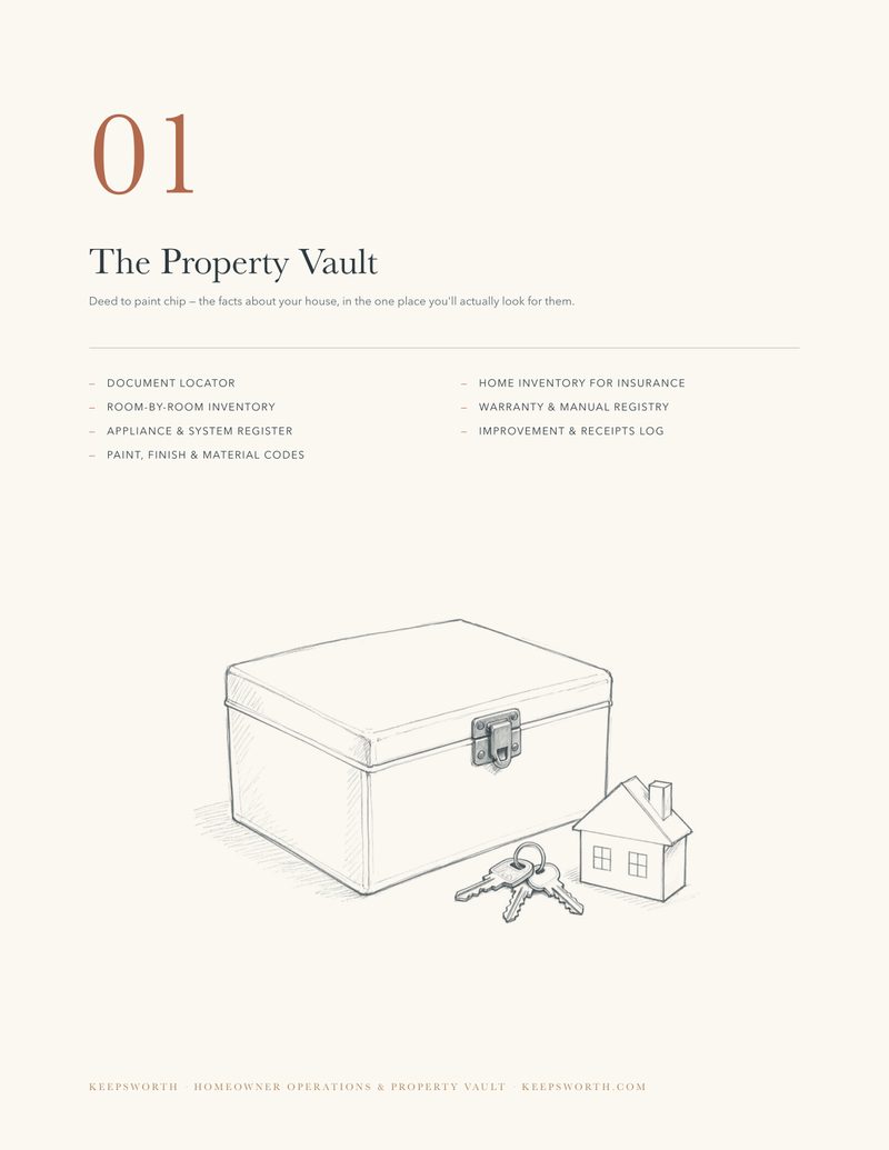 Section 01 divider page, The Property Vault, with a pencil-style illustration of a document box and house keys
